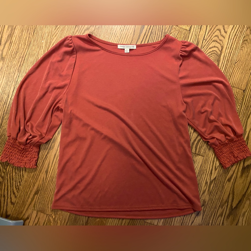 Gathered Blouse 3/4 sleeve Crew Neck